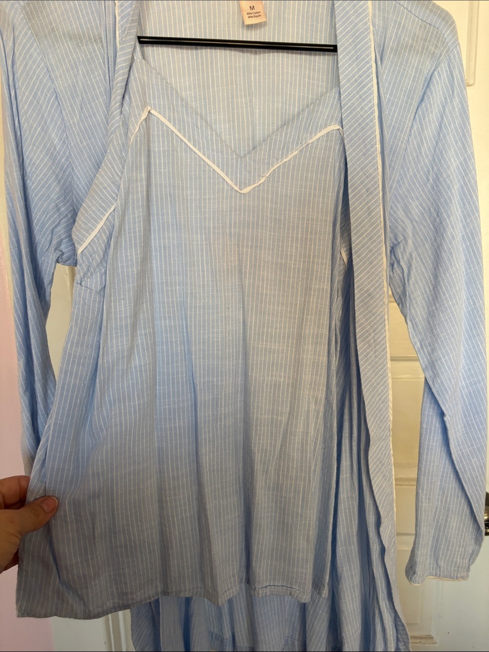 Japna Light Blue Pinstripe Wrap Robe With Tank And Tie - Picture 2 of 8